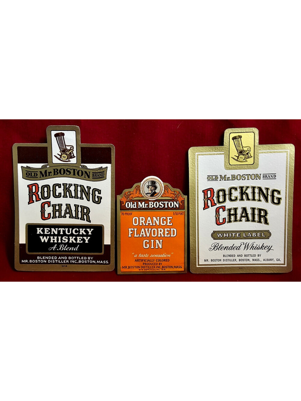 3 Vintage Liquor Labels From Old Mr. Boston Rocking Chair Whiskey & Orange Gin